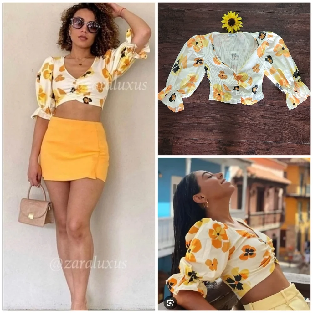 Zara Women's Floral V-Neck Top White and Orange